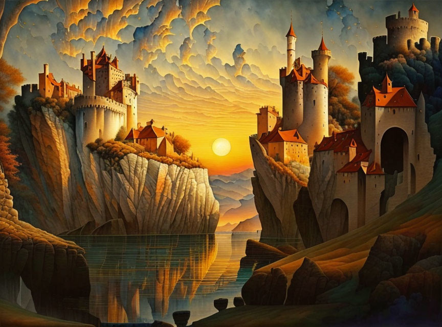 Majestic castles on cliffs with golden sunset and dramatic clouds reflected in tranquil water