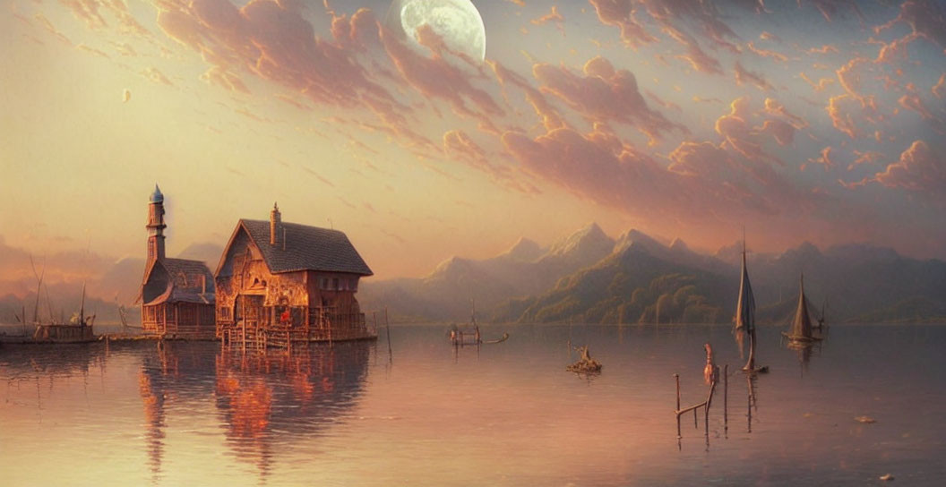 Tranquil lake landscape with wooden house, lighthouse, sailboats, mountains, and moon in