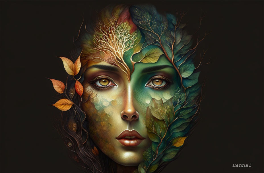 Woman's face blended with nature elements: leaves and branches symbolize human-nature connection.