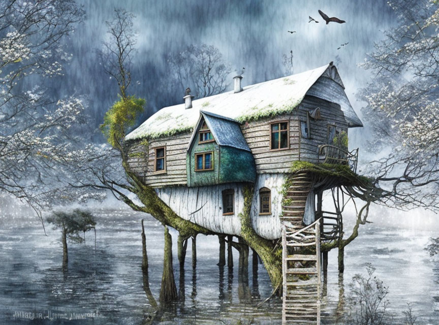 Moss-covered two-story house on tree trunk in misty flooded landscape