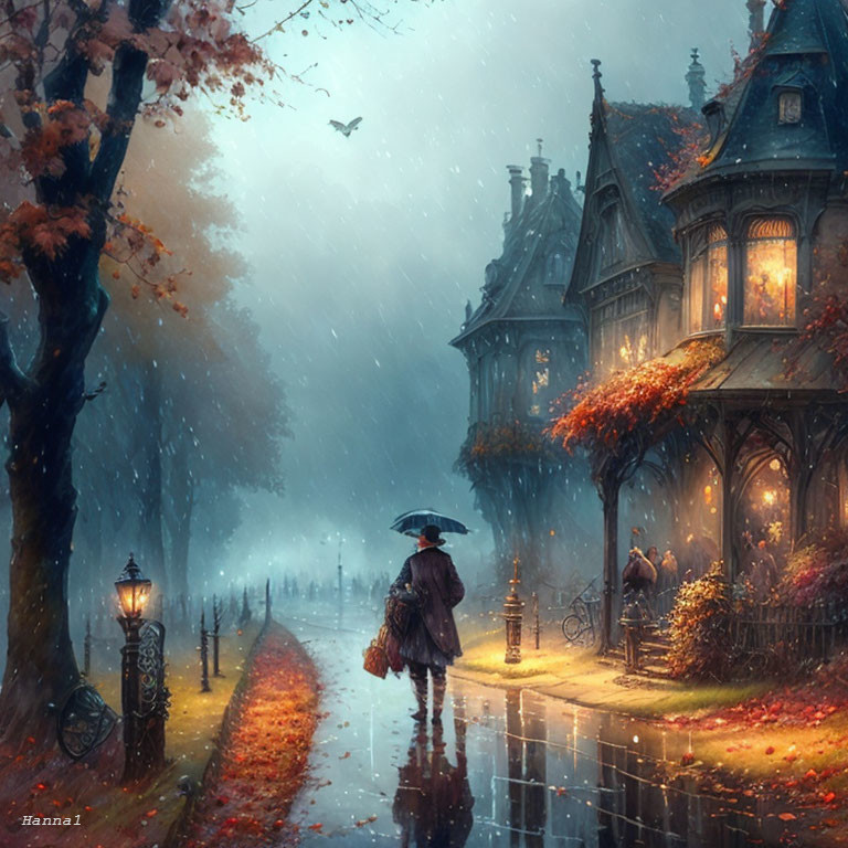 Person walking with umbrella on rainy street with Victorian houses and autumn leaves at dusk.