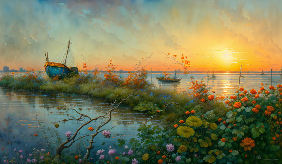 Scenic painting: Boat at riverside, vibrant sunset, colorful flowers, calm river.