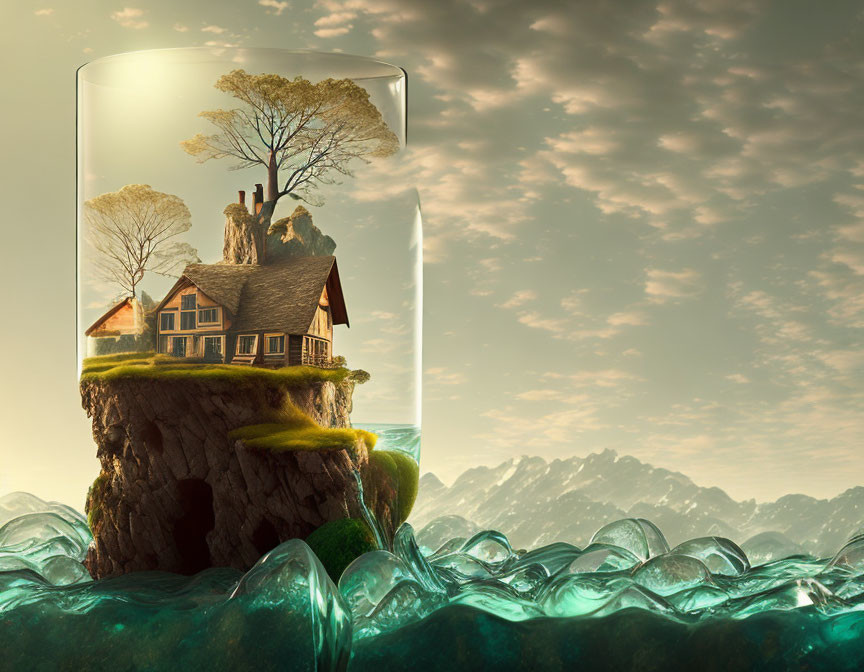 Whimsical Island House in a Glass Jar Scene