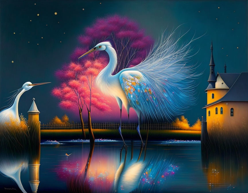 Colorful artwork: Two stylized cranes by water with tree-like tail, church, and star