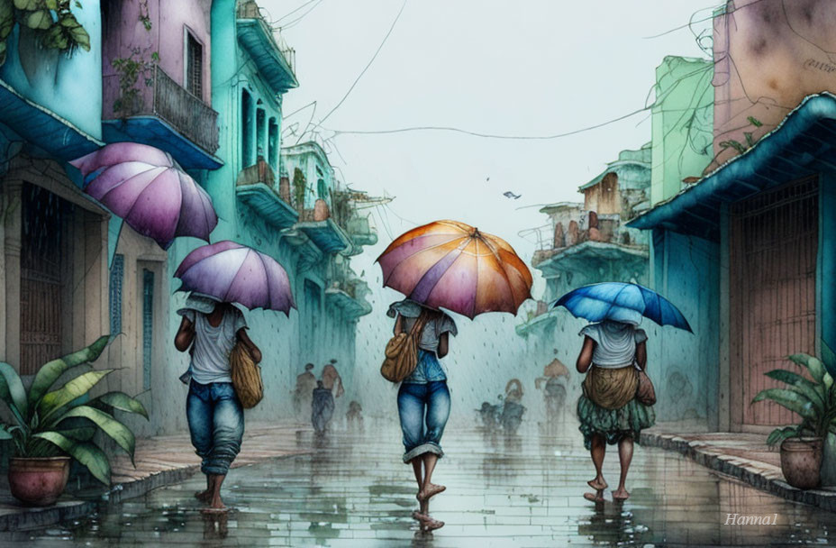 Three people with colorful umbrellas in rainy, vintage street