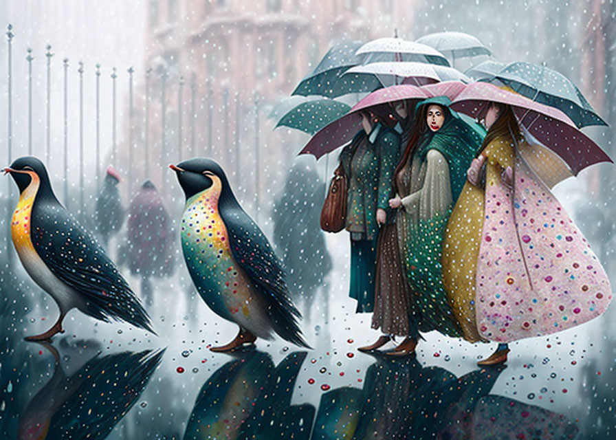 Colorful Penguins Surround Woman with Umbrella on Rainy City Street