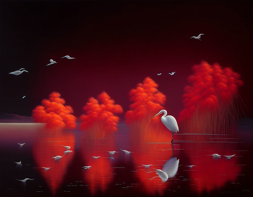 Tranquil digital artwork: egret by water, red trees, seagulls