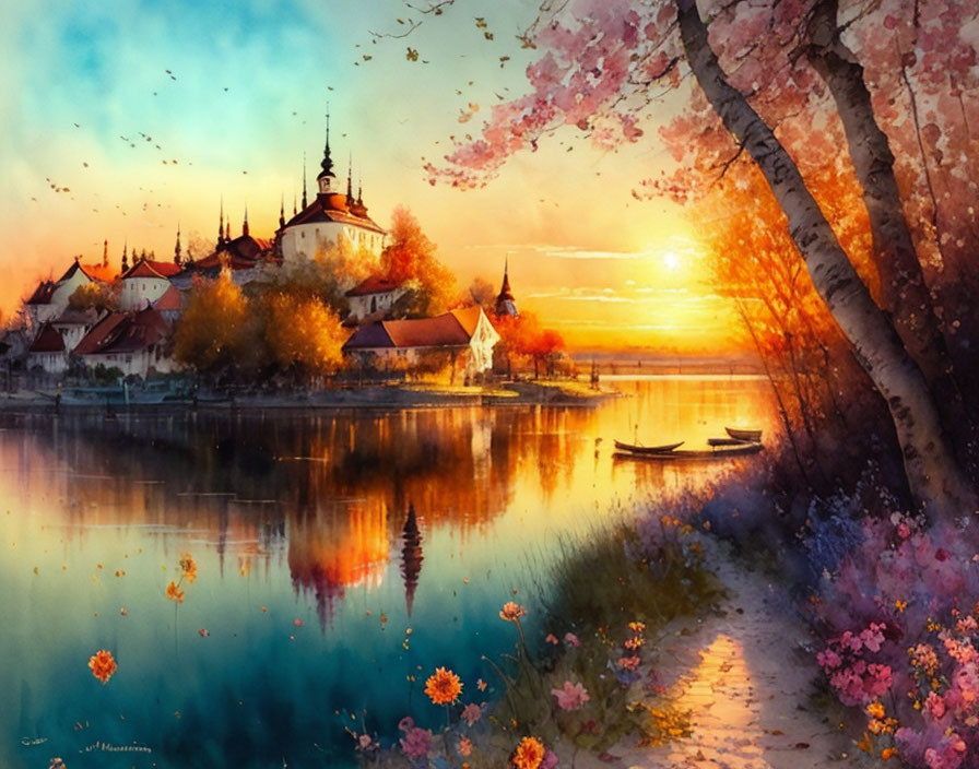 Tranquil lake sunset painting with blossoming trees and village