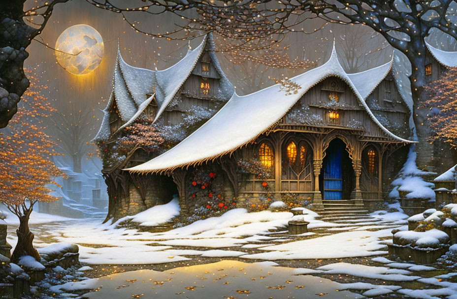 Snow-covered cottage in moonlit winter scene