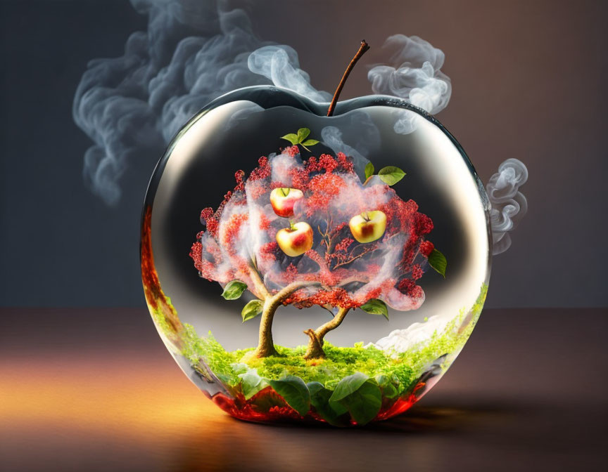 Surreal black apple with fiery landscape and tree reflection