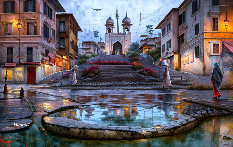 Tranquil town square with reflective water, old buildings, and mosque at dusk