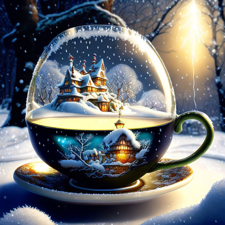 Whimsical Snow Globe in Ornate Teacup with Winter Scene