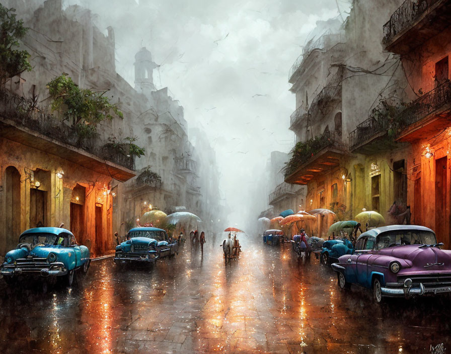 Vibrant Rainy Day Street Scene in Nostalgic Town