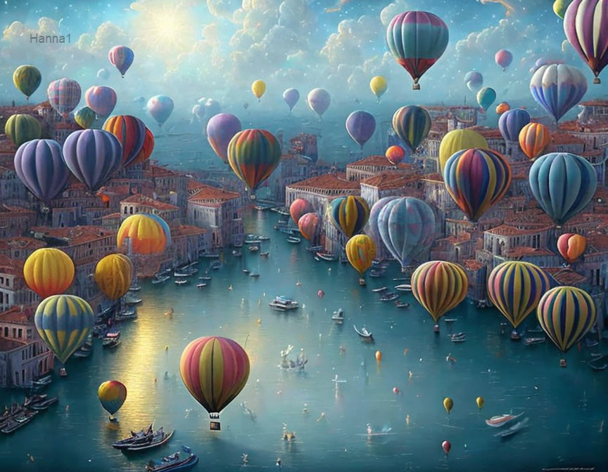 Vibrant hot air balloons over Venetian-style cityscape with water canals