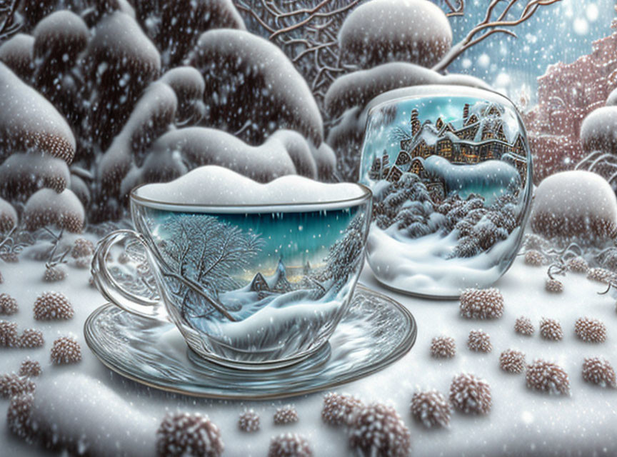 Glass Teacups on Snowy Winter Landscape