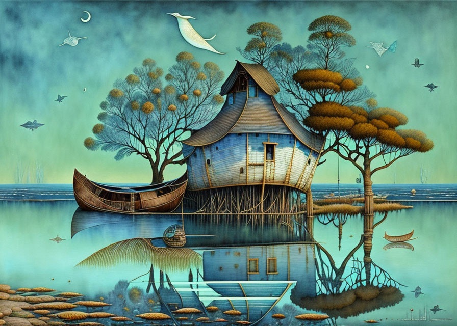 Surreal floating house with fish, trees, and boat in serene waters