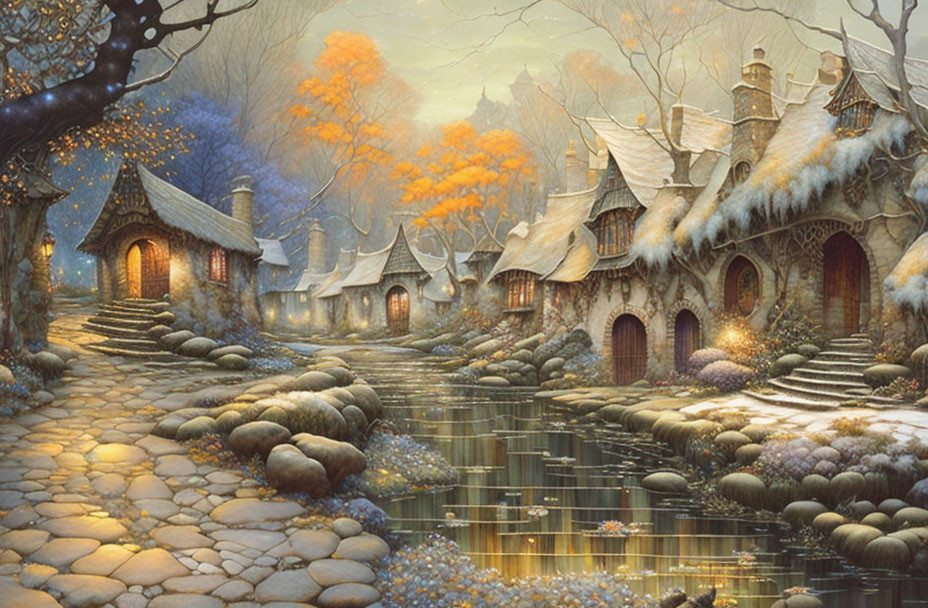 Fantasy village with stone houses, cobblestone paths, stream, vibrant trees in fall to winter