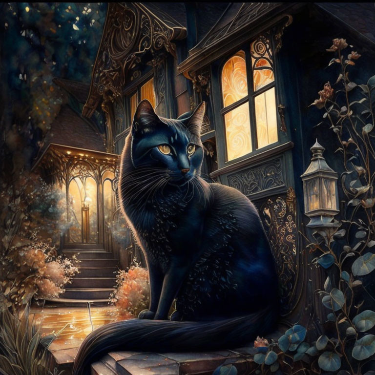 Mystical black cat with striking eyes on wooden porch with lantern and cozy cottage window.