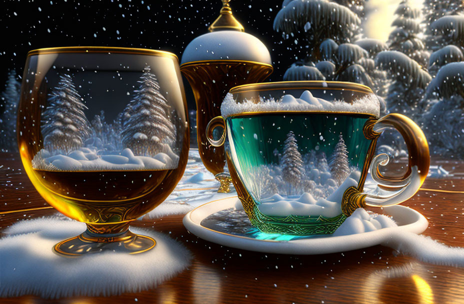 Ornate cups with wintery forest scenes, one filled with golden liquid and the other with