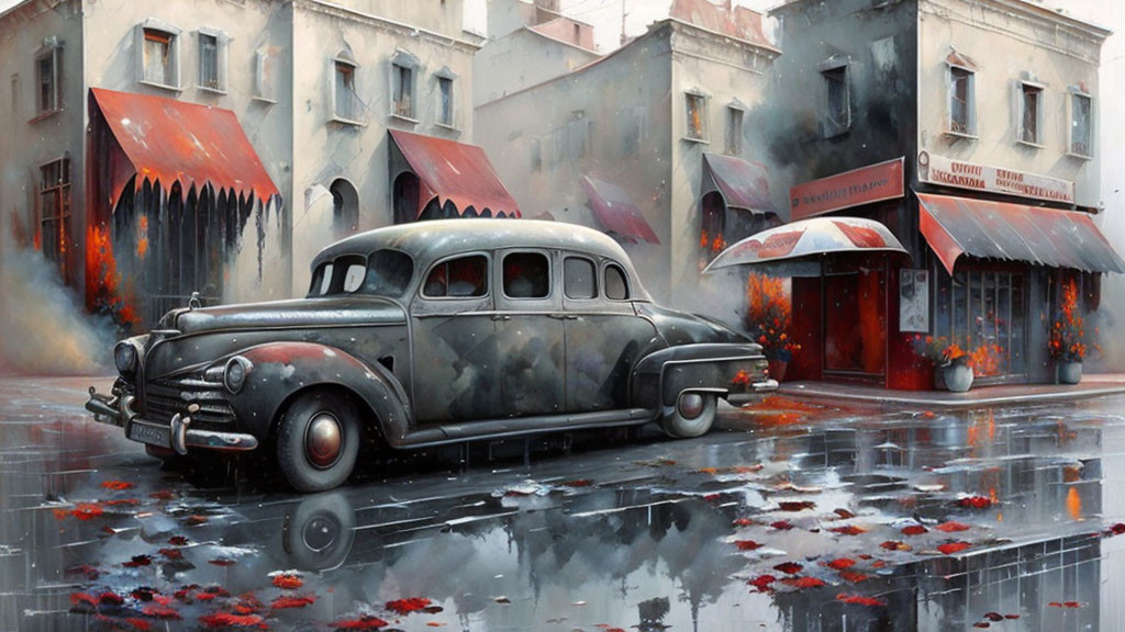 Vintage car parked on wet street with reflections amidst buildings and red awnings.