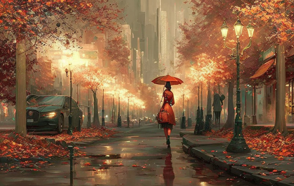 Woman with orange umbrella in autumn city scene.