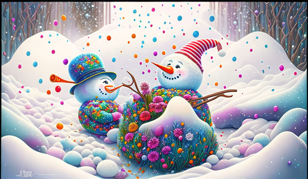 Cheerful Snowmen in a Colorful Winter Landscape