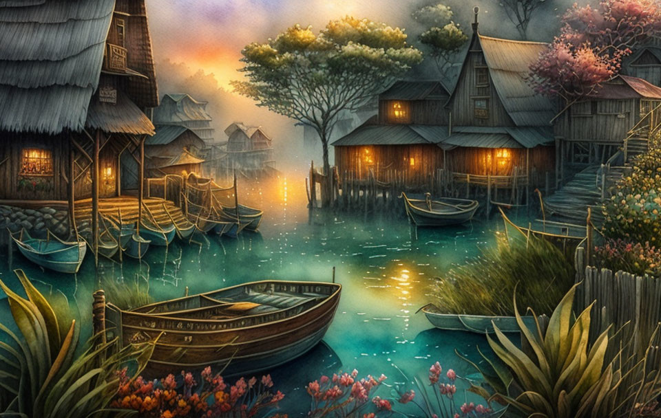 Riverside village at dusk with wooden cottages and boats by illuminated trees