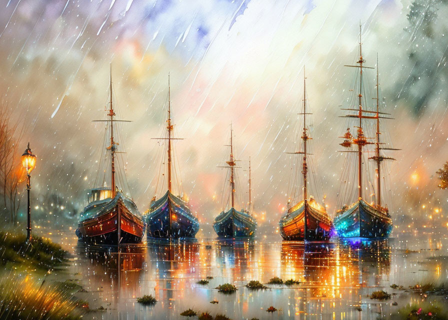 Colorful digital painting: Ships on reflective water under warm sky