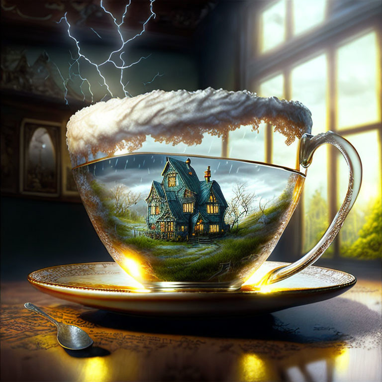 Victorian house in coffee cup with foam snow under stormy sky