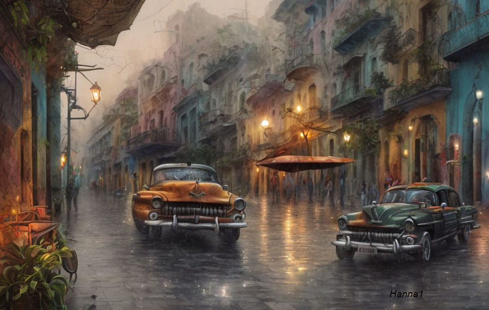 Vintage cars and street lamps in a rainy urban scene