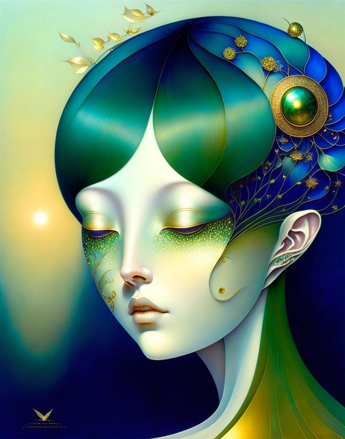 Surreal female figure with blue hair and elf-like ears in ornate headpiece surrounded by golden