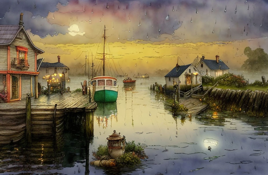 Tranquil riverside village at sunset with moored boats and wooden houses under a rain overlay