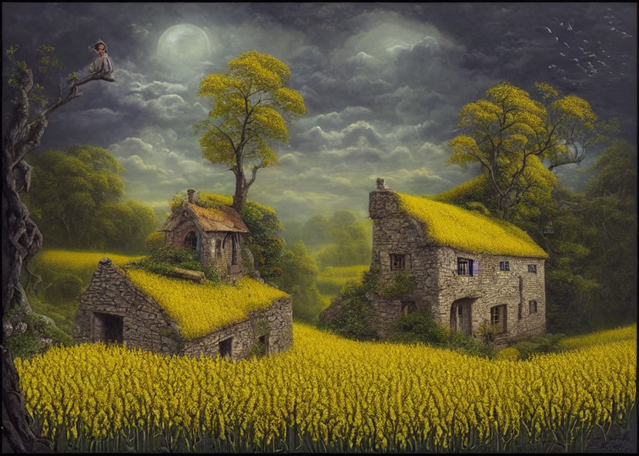 Whimsical landscape with cottages, moons, and flowers