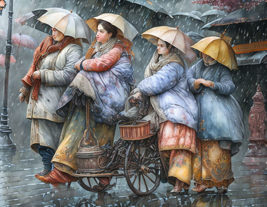 Four women in traditional attire with umbrellas seated on a bench in the rain, next to a hand