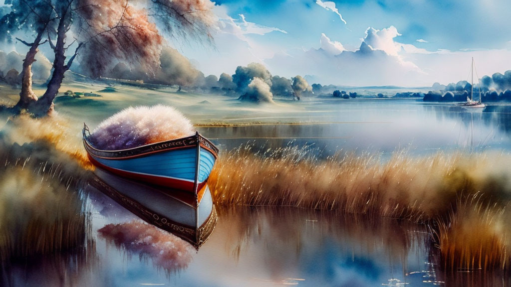 Tranquil landscape with colorful boat on still water surrounded by lush scenery