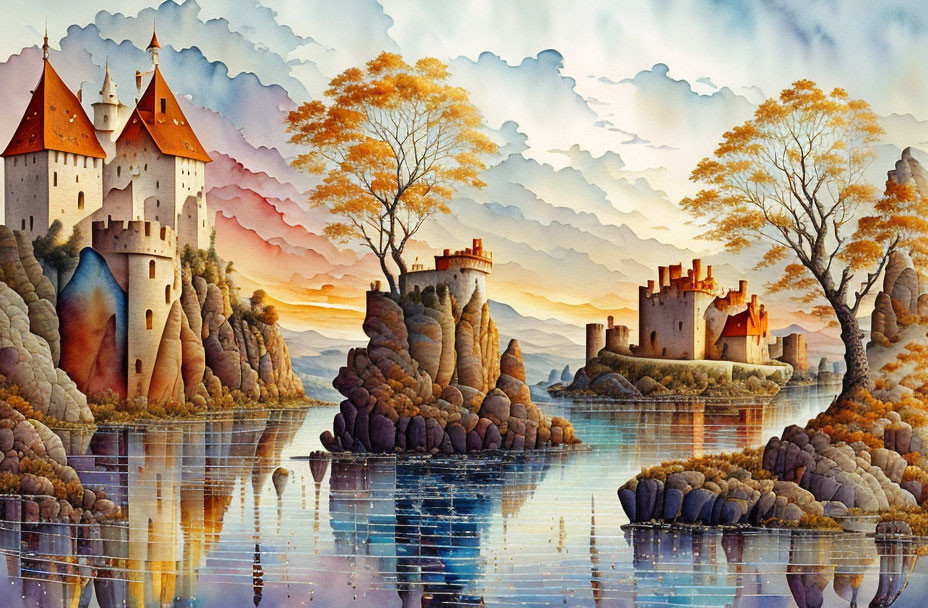 Medieval castle painting with tall towers on rocky outcrops at sunset