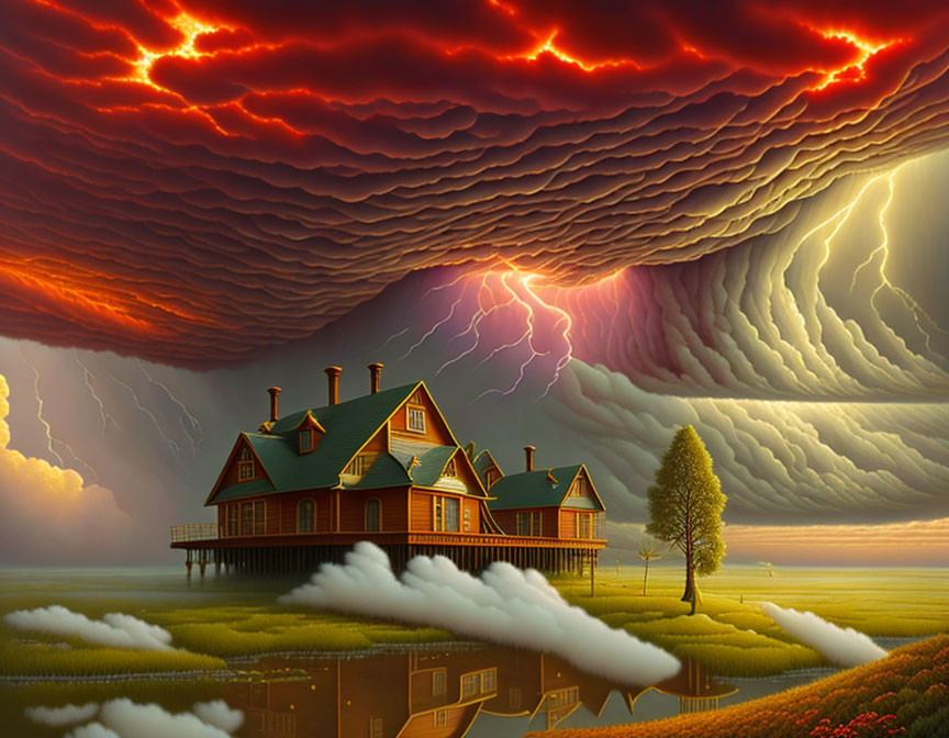 Surreal stilted house in dramatic sky with lightning