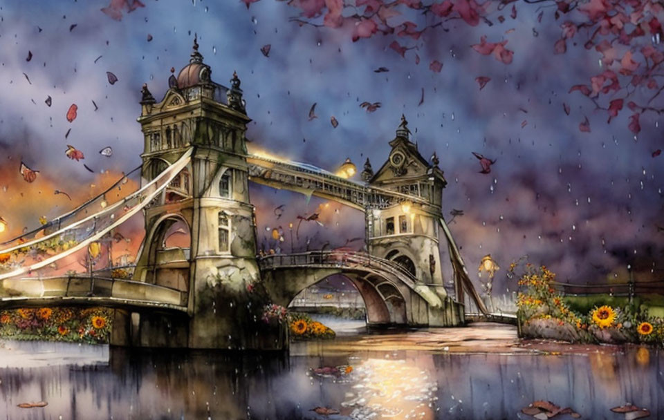 Vintage bridge over calm river with flowers at dusk and falling leaves - Illustration