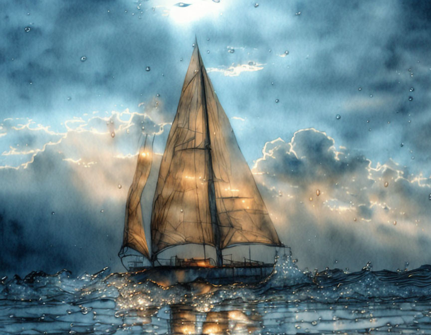 Sailboat sailing on shimmering sea under dramatic sky