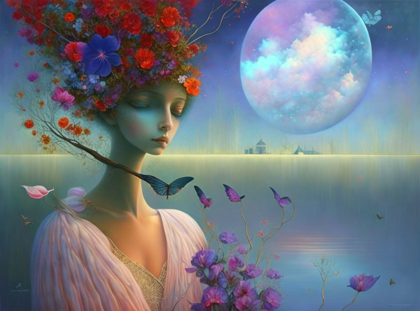 Surreal portrait of woman with flowers, butterflies, moon, and tranquil landscape