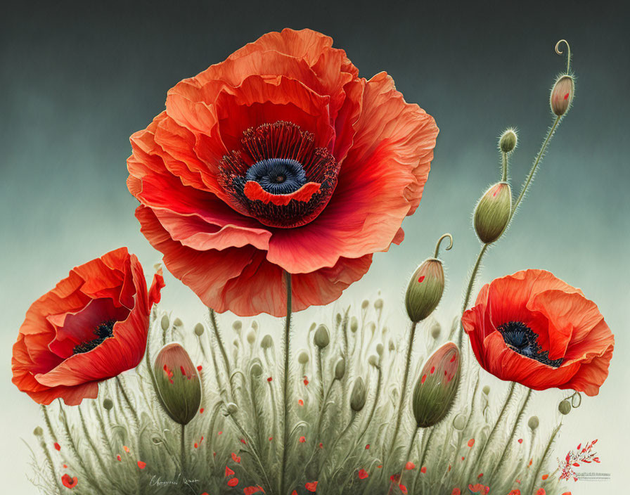 Bright red poppies with dark centers on muted background, featuring unopened buds and soft foliage.