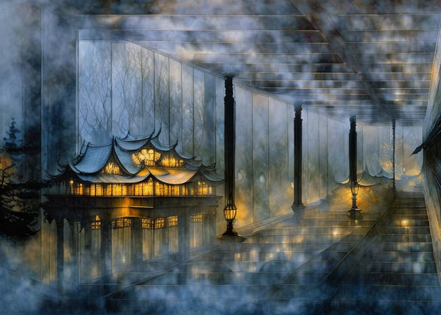 Traditional Asian Pavilion Reflecting in Water with Misty Corridor