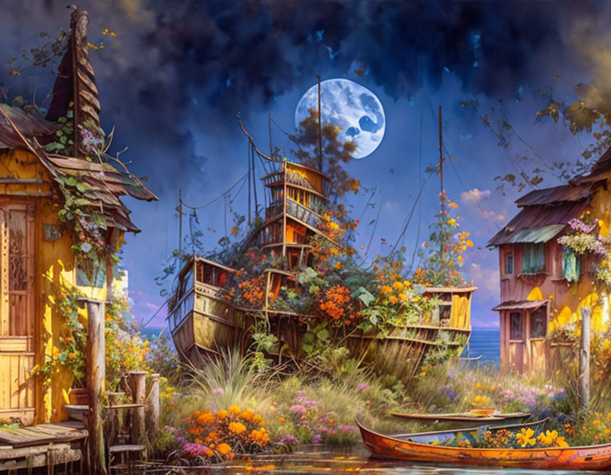 Vibrant garden, moored ship, colorful houses under full moon