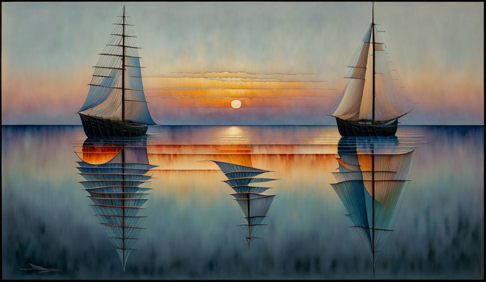 Tall ships sailing at sunset with reflections on calm water