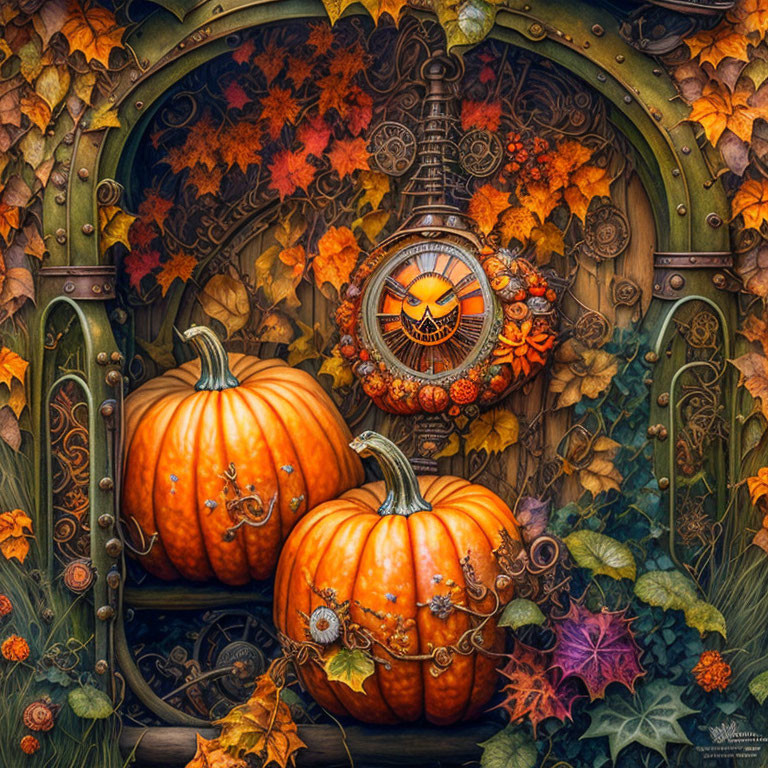 Detailed Autumnal Scene with Pumpkins, Leaves, and Halloween Clock