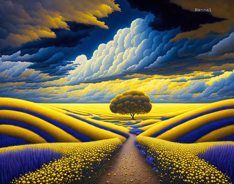 Colorful painting: Path through yellow flower fields to lone tree under dramatic sky