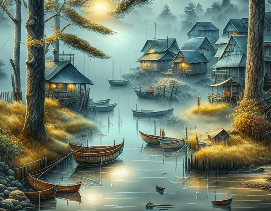 Serene Waterfront Scene with Wooden Houses and Boats