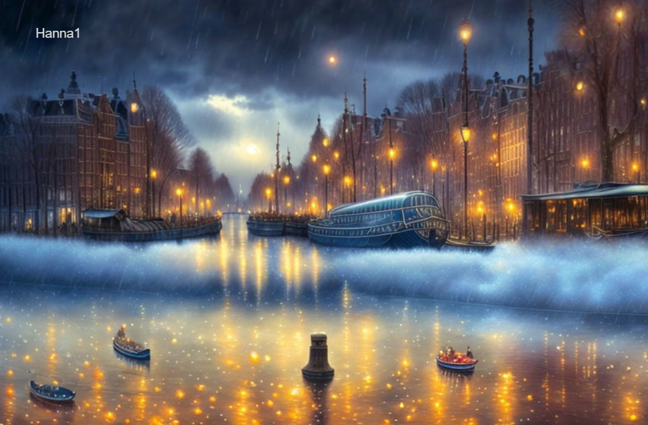 Night Canal Scene with Boats, Snowy Sky, and Illuminated Reflections