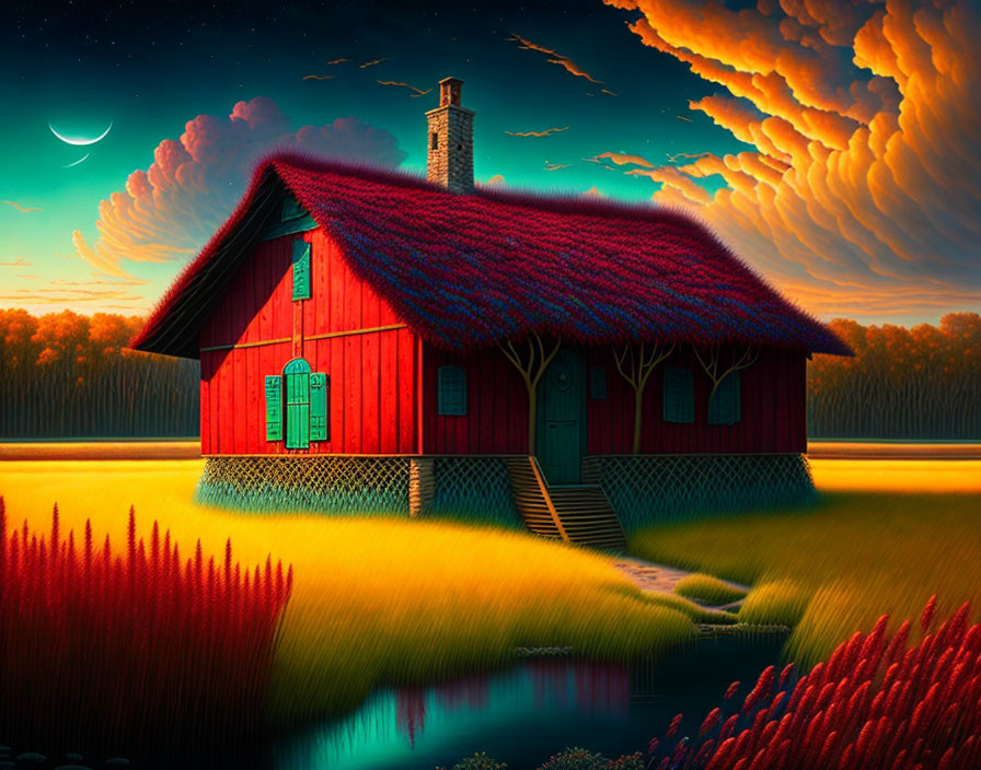 Surreal red cabin with blue door in colorful countryside