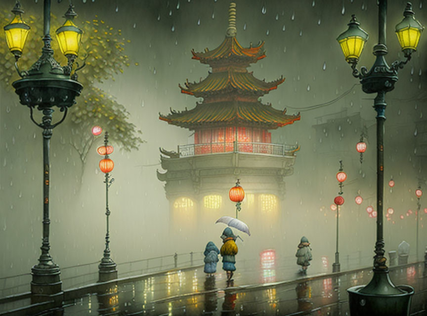 Rain-soaked street with illuminated pagoda and glowing lanterns at twilight